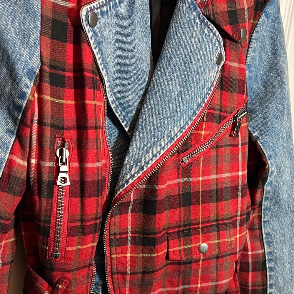 Alice + Olivia - Cody Checked Flannel And Denim Biker Jacket - Picture 5 of 10
